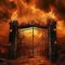 Gates to hell, high iron gates and huge hellish flames behind them, scary fantasy illustration,