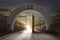 Gateway arch with clock face and open door