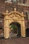 Gateway in the Binnenhof Gothic public buildings inner courtyard at The Hague.