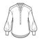 Gathered blouse technical fashion illustration with curved mandarin collar, henley neck, long bishop sleeves with cuff.