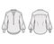 Gathered blouse technical fashion illustration with curved mandarin collar, henley neck, long bishop sleeves with cuff.