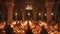 A gathering of individuals sitting in a room filled with candles, creating a warm and intimate atmosphere, A candlelit night scene