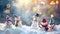 A gathering of snowmen standing upright in a snowy landscape, Group of snowmen playing in a heavy snowfall