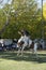 Gaucho cowboy Vaquero at a rodeo riding a horse at a show in Argentina