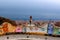 Gaudi Ceramic Bench, Park guell, Skyline Barcelona, Spain