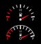 Gauge of fuel. Guage of gas, petrol. Full or empty tank of gasoline or diesel in car. Indicators with arrow on dashboard in truck
