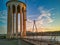 Gauge tower of Neuwied, Germany at the river Rhine with a bridge in background