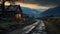 Gauzy Atmospheric Landscapes: Wooden Cabin On A Road