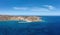 Gavdos island, Crete Greece. Aerial drone view of beach, wild rocky landscape, sea water, blue sky