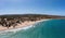 Gavdos island, Crete, Greece. Aerial drone view of sandy beach, wild landscape, ripple sea water