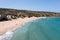 Gavdos island, Crete, Greece. Aerial drone view of sandy beach, wild landscape, ripple sea water