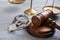 Gavel, handcuffs and scales of justice on grey wooden table. Criminal law