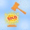 Gavel hits stand to stop sale. SOLD cartoon style vector illustration.