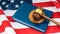 Gavel judge, book of laws, USA flag. America law court