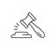 Gavel. Linear icon of law hammer with stand. Black simple illustration of court hearing, legal dispute resolution, judgment.