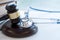 Gavel and stethoscope. medical jurisprudence. legal definition of medical malpractice. attorney. common errors doctors