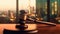 A gavel on a tabletop with blur background of lawyer office. Generative AI AIG32