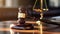 A gavel on a tabletop with blur background of lawyer office. Generative AI AIG32
