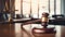 A gavel on a tabletop with blur background of lawyer office. Generative AI AIG32