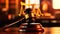 A gavel on a tabletop with blur background of lawyer office. Generative AI AIG32