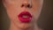 Gay biting licking lips. Close up homo transvestite pink lipstick, travesty diva