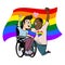 A Gay Couple of different race black and white in love with disability. Two males in love marriage with rainbow flag.