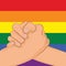 Gay couple holding hands, patterned as the rainbow flag vector