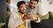 Gay couple, home and smartphone with happiness, smile and communication in lounge and connection. Apartment, lgbtq and