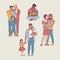 Gay family vector illustration set with happy men and women with their kids.