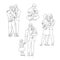 Gay family vector illustration set with happy men and women with their kids in line sketch style