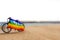 Gay and lesbian community flag on bicycle near the sea