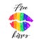 Gay lettering quote concept poster kiss mark. Rainbow colored phase free kisses. Vector lgbt poster