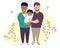 A gay man is adopting a child. Two happy men, dark-skinned and light-skinned, are holding newborn. Vector. Happy LGBT