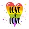 Gay Pride lettering on a rainbow heart, inscription Love is love. LGBT rights concept. Vector template.