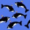 Gay pride rainbow orca killer whale. Seamless pattern on blue water background