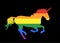 Gay rainbow flag over elegant unicorn horse in gallop vector silhouette illustration isolated on black background. LGBT pride