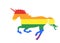 Gay rainbow flag over elegant unicorn horse in gallop vector silhouette illustration isolated on white. LGBT pride symbol.