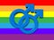 Gay symbol in rainbow colors, two male symbols crossed representing homosexual relationship on white background, 3D Rende