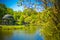 Gazebo or alcove on shore of lake in Feofaniya, Ukraine