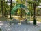 Gazebo with benches and a table in the forest for relaxation