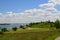 Gazebo and Fluffy Clouds on Spectacle Island in Boston Harbor