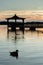 Gazebo in Lake with Mallard Ducks in Water