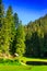 Gazebo and a small lake next to the forest in the mountains in c