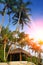 Gazebo under palm trees on the seashore. Maldives