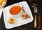 Gazpacho in glass spanish tomato based cold vegetable soup served with cucumbers