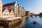 Gdansk beautiful old town and view on floating cafe on a motlawa river