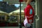 Gdansk, North Poland - August 14, 2020: Couple of cap in red color hanging in front of a commercial shop with city name on them