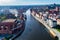 Gdansk, Poland. Aerial skyline with Motlawa River, ship, marina