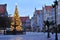 GDANSK, POLAND - DECEMBER 2, 2017: Old town of Gdansk with Christmas decorations. Neptune fountain with Christmas tree in the back