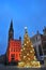 GDANSK, POLAND - DECEMBER 2, 2017: Old town of Gdansk with Christmas decorations. Neptune fountain with Christmas tree in the back